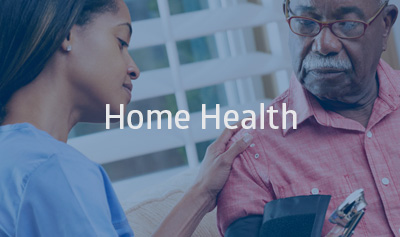 A caregiver taking another persons blood pressure with the words Home Health over the image