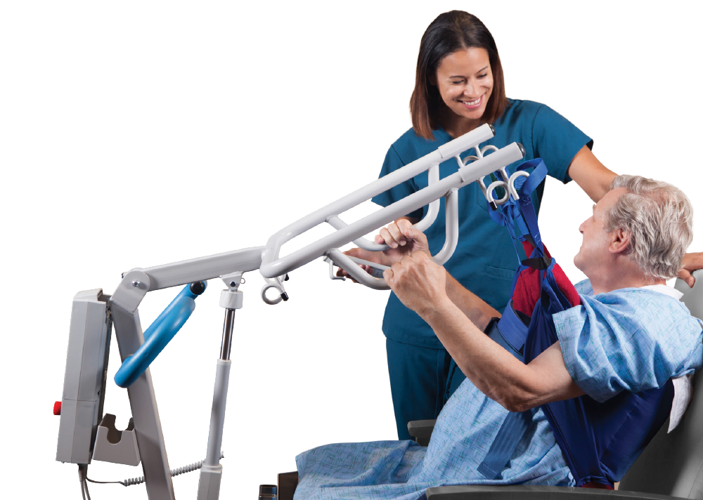 Female nurse assisting mobility of a male patient with a lift