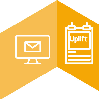 Yellow geometric shape with computer and clipboard Yellow geometric shape with computer and clipboard