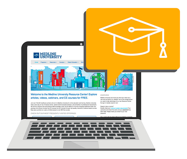 A computer, a yellow speech bubble with a graduation cap inside A computer, a yellow speech bubble with a graduation cap inside