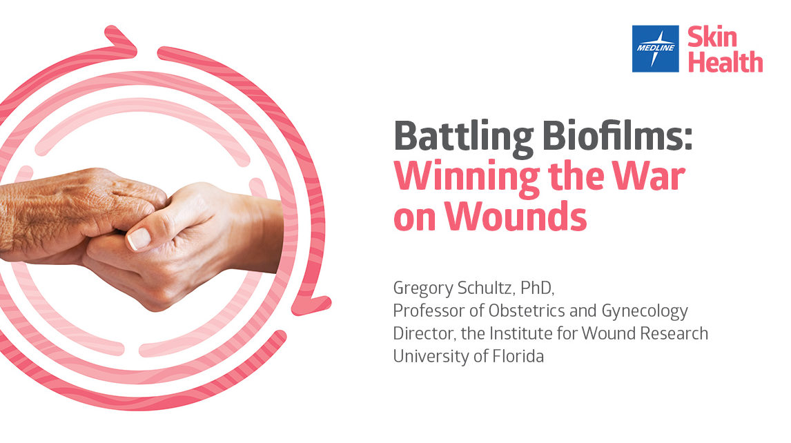 STK_BattingBiofilm_webina_OpeningSlide Young hand and elderly hand clasping in opening page of webinar titled “Battling Biofilms: Winning the War on Wounds”.