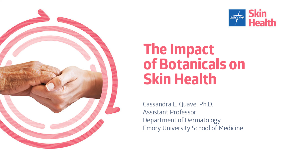 STK_TheImpactofBotanicals_webinar_OpeningSlide Young hand and elderly hand clasping in opening page of webinar titled “The Impact of Botanicals on Skin Health”.