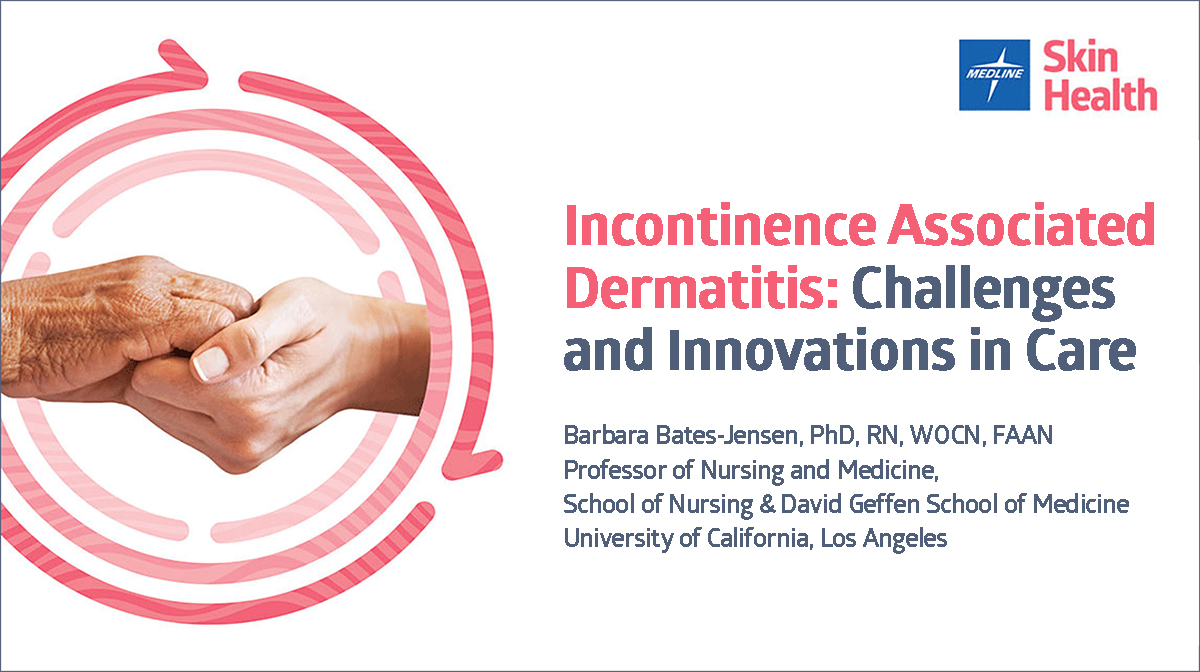 Title page to webinar about Incontinence Associated Dermatitis shows two hands clasping.
