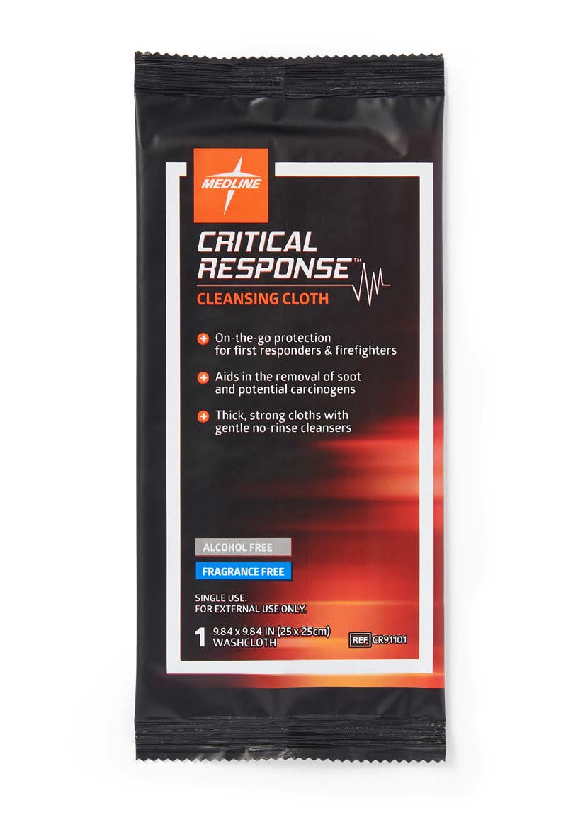 Picture of black pouch with shades of orange which reads Critical Response cleansing cloth