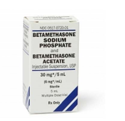 Picture of white rectangular box with blue accents. Wording is betamethasone sodium phosphate and betamethasone acetate