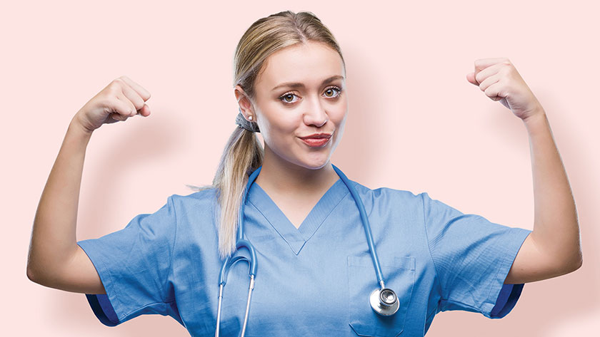 Caregiver flexing biceps