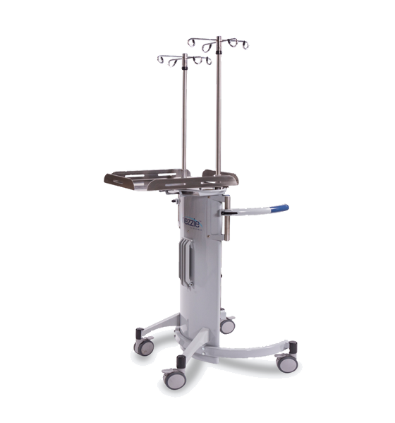 Metal gray walker with four armed castors on bottom, tray, extended handles and two upright IV bag holders