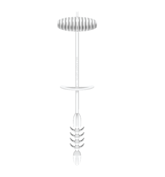 Photo of white upright tube with solid oval perpendicular top and feather shaped mini arms at bottom 