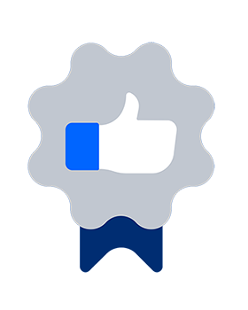 touchpoint-opportunity graphic of a blue box, with a gray flower like circle inside encompassing a white and blue 'thumbs up' icon