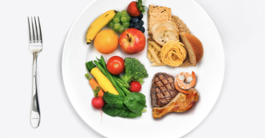Fork resting next to a plate divided into quarters filled with fruits, vegetables, lean meat and grains