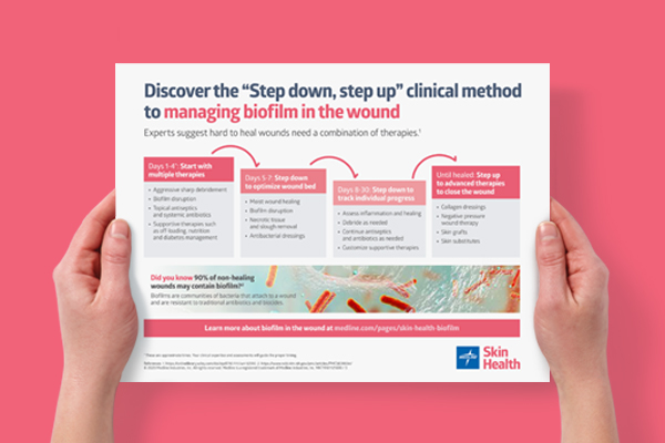 STK_Poster_Stepdown Stepup_pink Two hands holding a piece of paper with Discover the step down, step up clinical method words on it