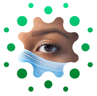 SYM_IP emblem Close-up of female caregiver's eye and top edge of a face mask, cropped in distinctive circular shape