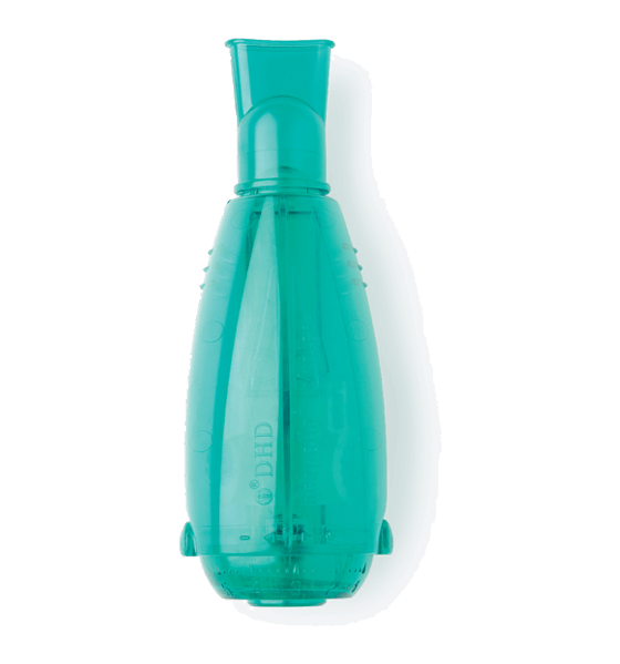 Turqoise teardrop shaped transparent container with a narrow oval opening at the top for mouth placement