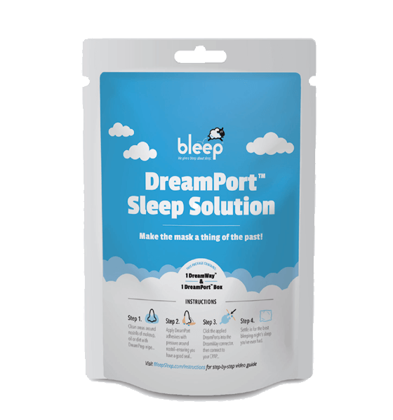 Dreamport_CPAP Photo of a white and blue pouch with cloud illustrations and the words bleep Dreamport Sleep Solution