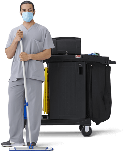 GRP_5515GRYL_On-Model-with-Mop EVS worker wearing a face mask and using a mop near his cleaning cart