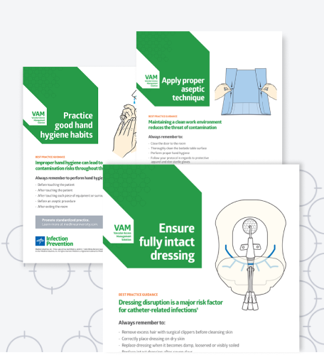 Three CLABSI prevention educational posters with patterned background
