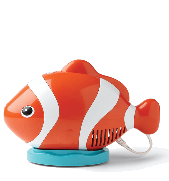 Plastic orange and white clown fish on a blue circular base with bottom back vent with power cord