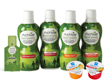 Grouping of protein support products in bottles, pouches and cups