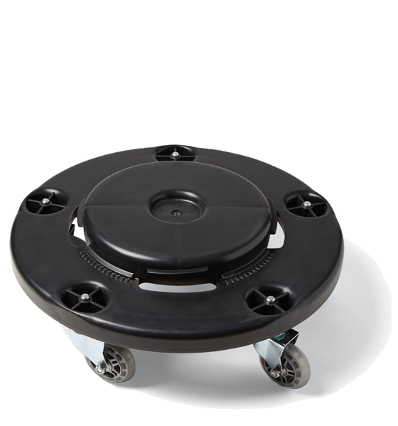 Photo of a black hard plastic disc with raised circular center ontop of casters