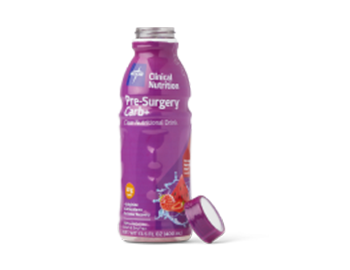 Bottle of Pre-Surgery Carb+ with the cap removed and leaning against the bottom of the bottle
