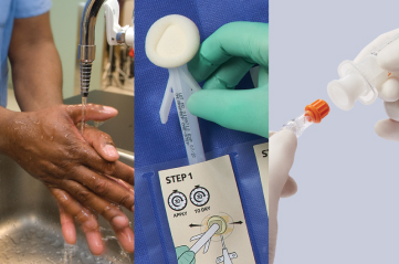 STK_3 variations in cath care_RGB 1 Triptych of clinician washing hands, gloved hand with skin prep applicator and gloved hand with disinfection cap