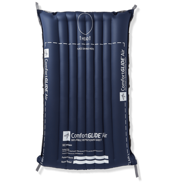 Navy rectangular air filled pad with printed circle at top for head placement and reading Medline ComfortGlide at bottom