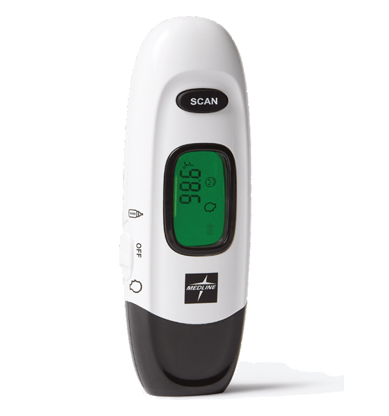 White and black touchless thermometer, center digital display, top oval scan button, off button on side, black Medline logo 