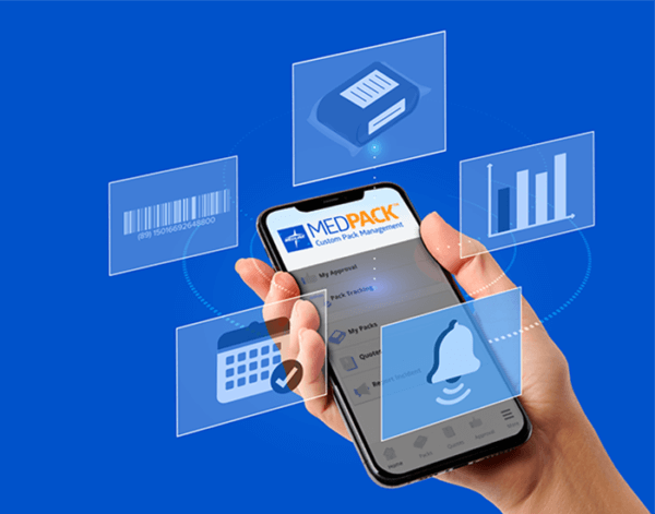 A hand holding an iphone with five images floating around the phone. A bar code, a calendar, a bar graph, a bell and a credit card reader.