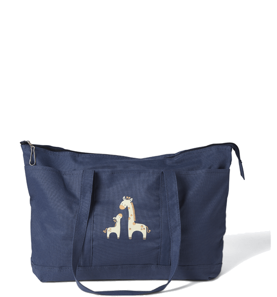 Photo of a navy blue rectangular bag and shoulder straps, top zip closure and cartoon mom and baby giraffe design 