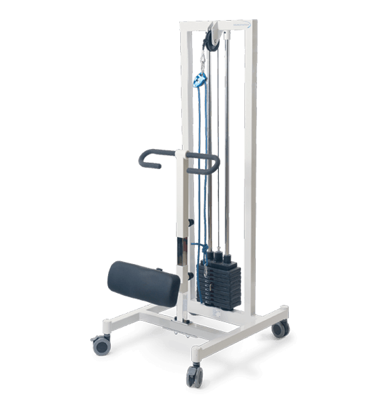 Upright pully weight system with padded knee brace and two oval handles to assist in standing