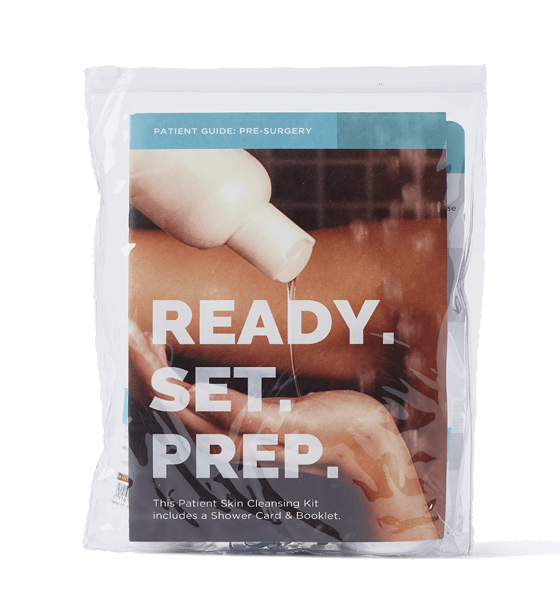 Rectangular package with picture of persons bare arm and bottle of liquid pouring into a hand and reads Ready Set Prep