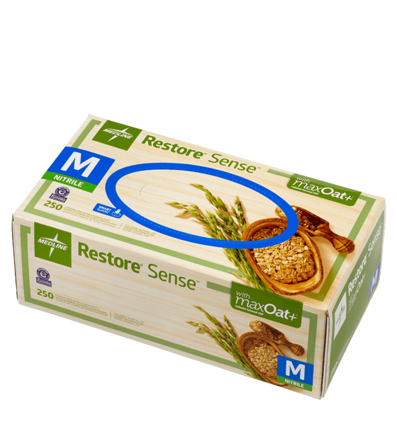 Beige and green rectangular box with photo of oats and blue square with white letter M reading Restore Sense 