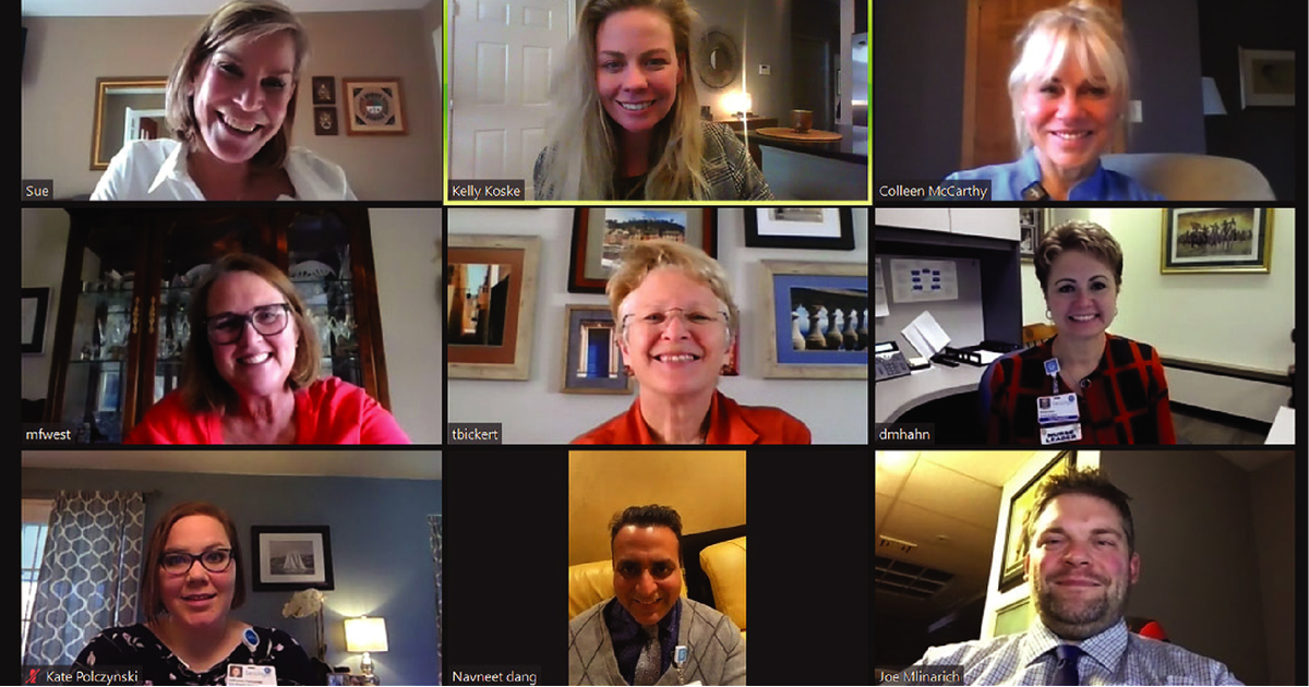 Image of a zoom call with Medline and Geisinger participants with a blue overlay