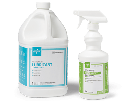 Collection of decontamination products—a large jug of lubricant and a spray bottle of pre-soak