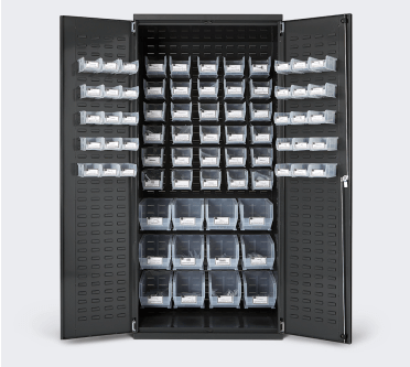 Photo of a black instrument consignment cabinet with open doors and empty, clear bins