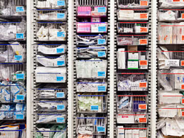 Close-up of well-stocked supplies of respiratory products
