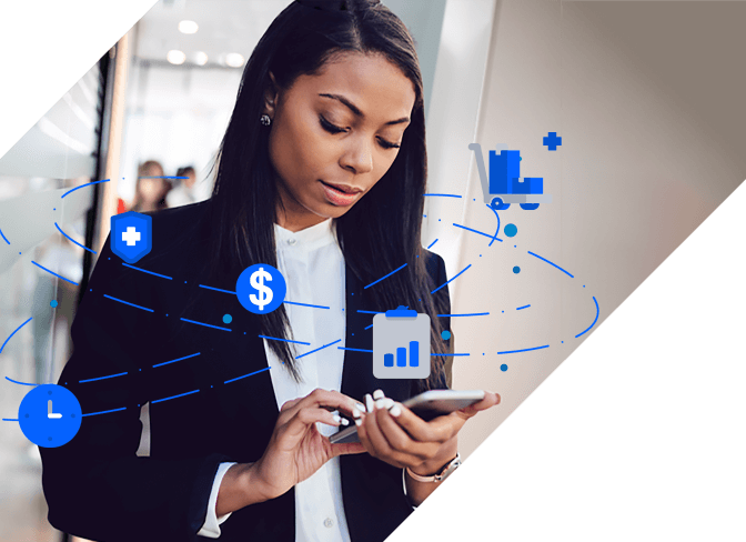 capital-desktop-bnr Woman in a suit typing on her phone with various symbols floating around her