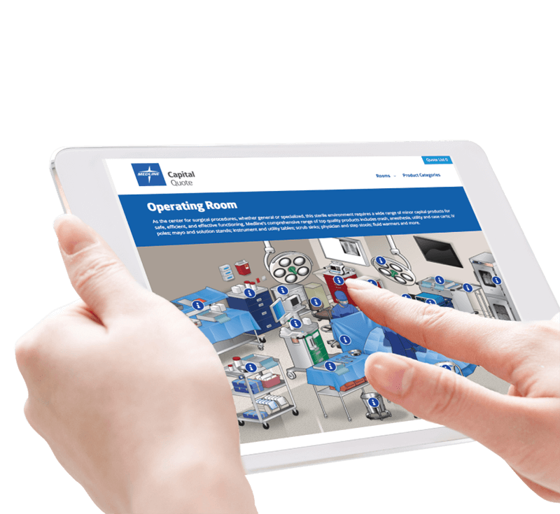 Two hands holding a tablet and selecting capital equipment for an operating room