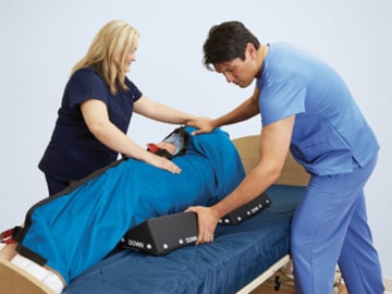 ensure-frontline-2-min Two caregivers, female and male, turn a patient using a repositioning sheet and foam wedges