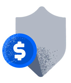 Grey shield with blue circle and white dollar sign