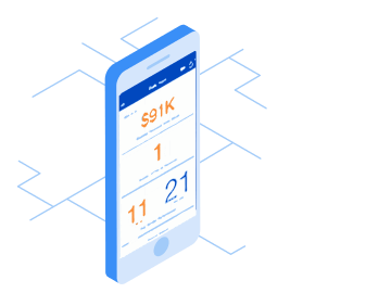 Billing-Software Blue, orange and white illustration of mobile phone with numbers on the screen to show supply purchase