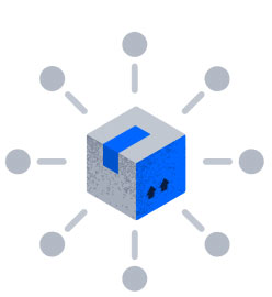 A grey and blue box with grey dots around it