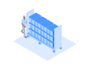 Illustration of man delivering medical supplies in totes on a wheeled cart