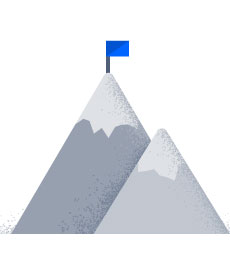 Two grey mountains, one with a blue flag at the summit
