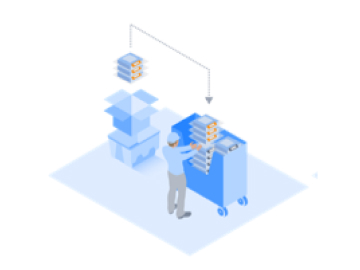 Illustration of man removing cardboard packaging from surgical supplies and placing supplieson a wheeled cart