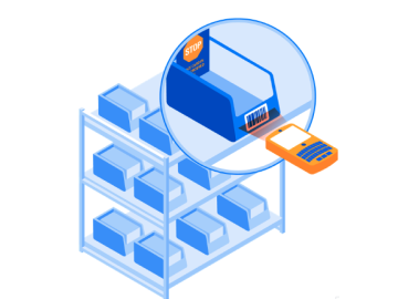 Restocking-system Illustration of blue bins on blue shelves, with one large bin and orange barcode reader highlighted in light blue circle