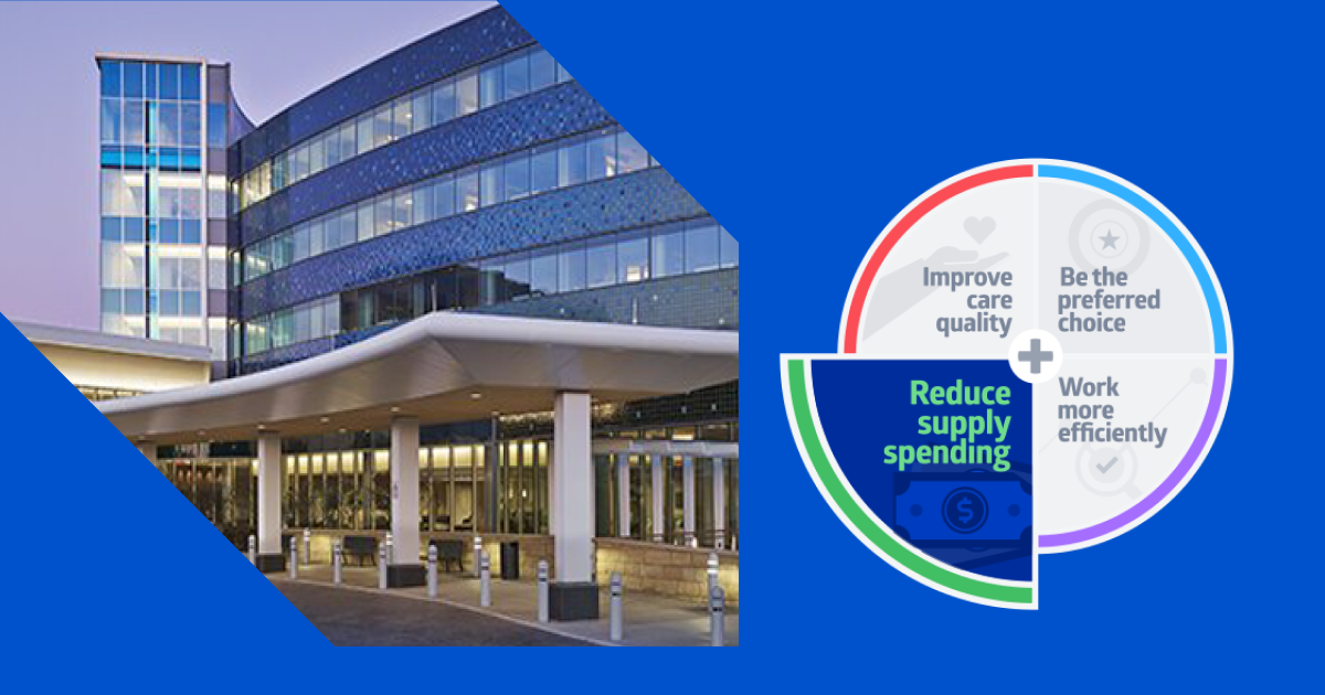 Outside of a hospital with the words reduce supply spending on a circle graph