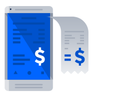 price-integrity Blue and grey illustration of purchase order with dollar sign and invoice with equal sign and dollar sign
