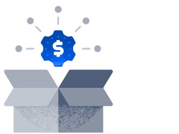 product-standard Illustration of open grey box with dollar sign in a blue gear representing higher tier GPO pricing