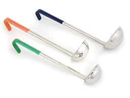 Set of three ladles with green, orange and black handles